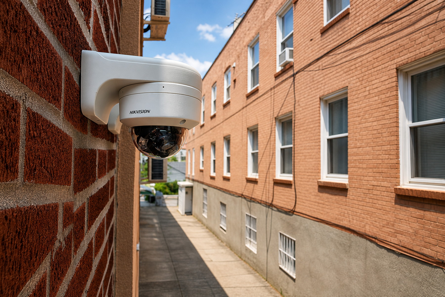 Dome security camera positioned to monitor a building alley