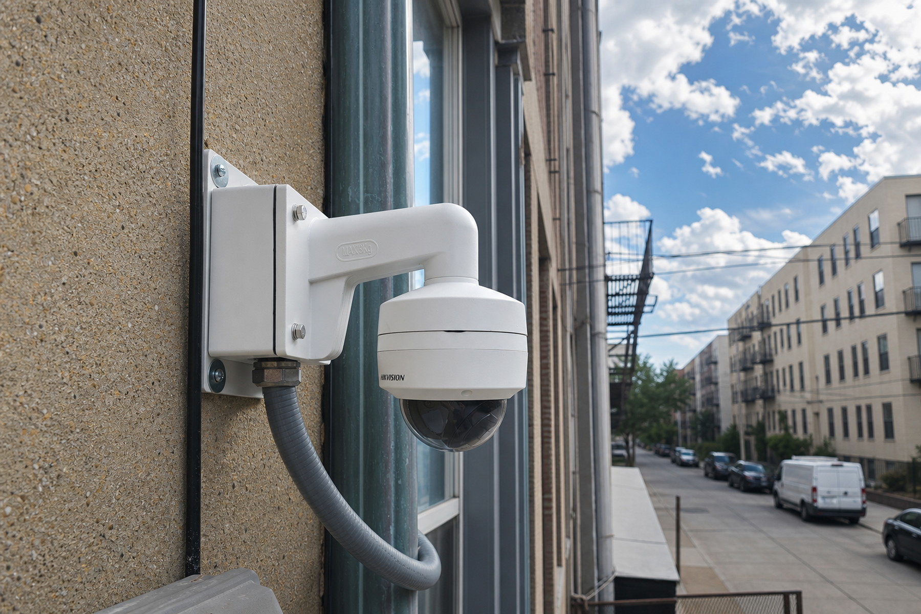 Dome security camera on a wall bracket with protected flexible conduit