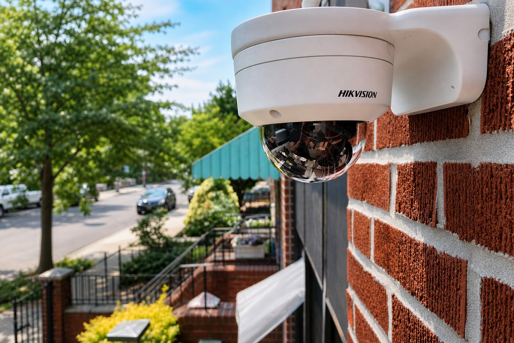 Exterior dome security camera mounted on a brick building